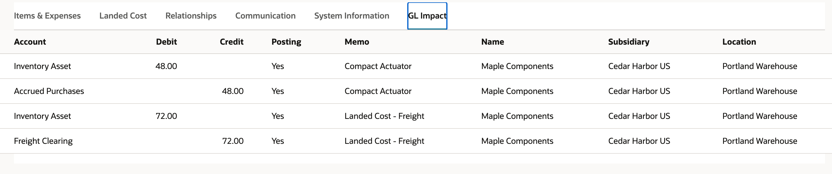 The receipt now includes the $72 freight posting alongside the original $48 goods posting.