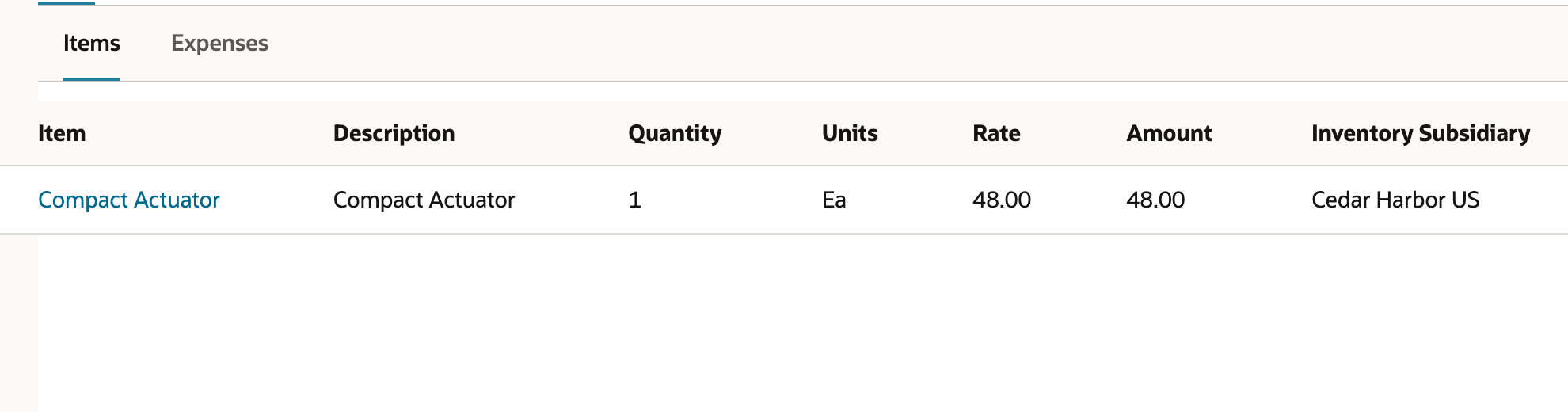The goods purchase order contains one unit costing $48.