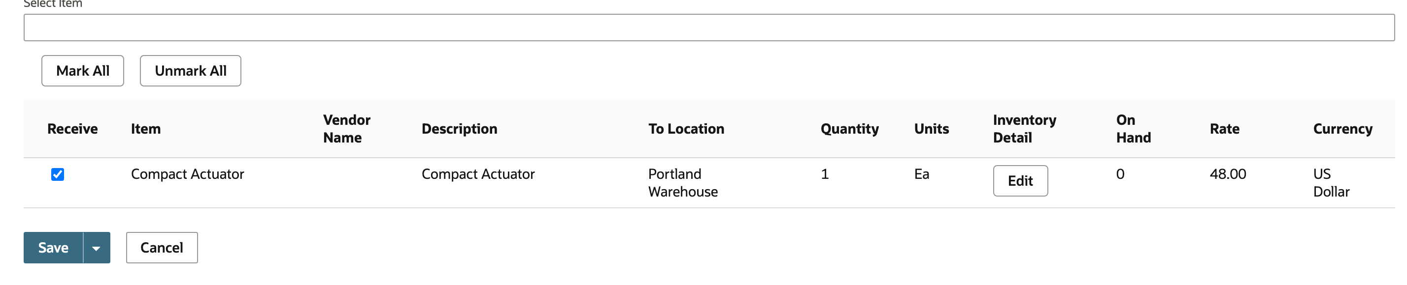 The receipt records one unit before freight is allocated.