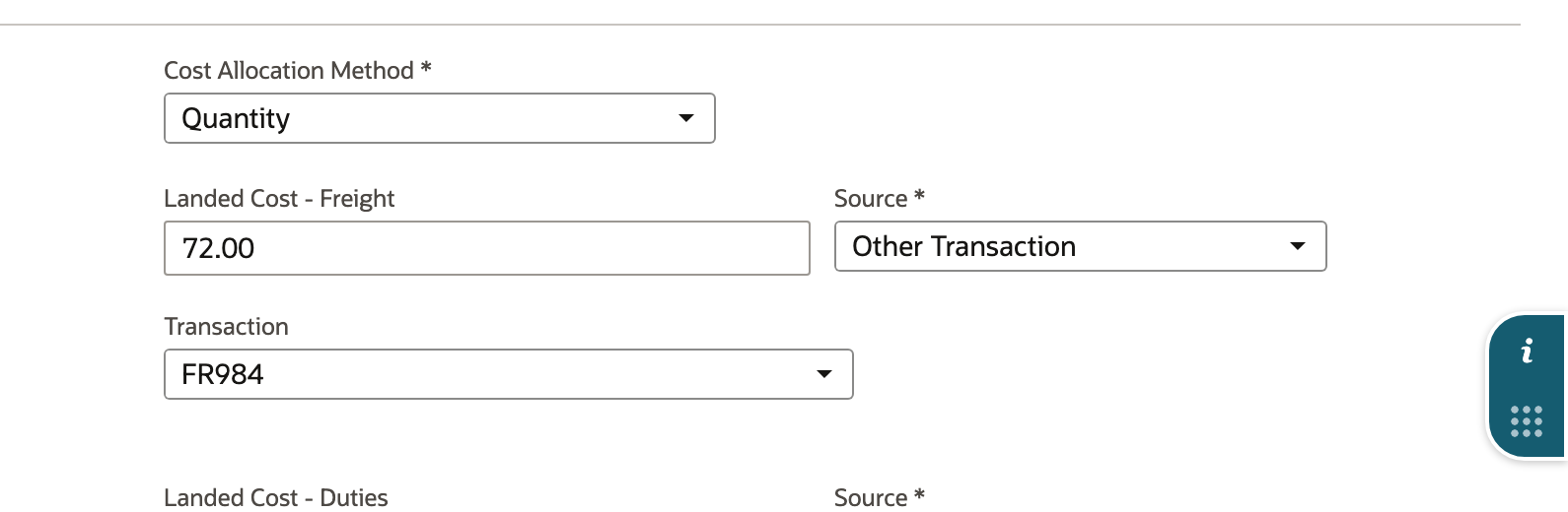 The original receipt sources $72 from FR984 using Quantity allocation.