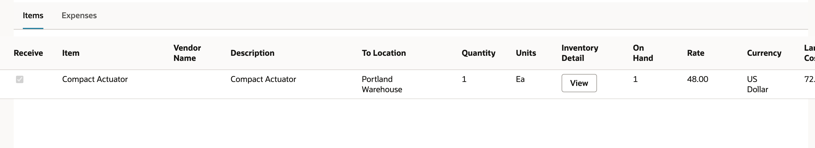 The saved receipt keeps quantity 1 and includes $72 landed cost.