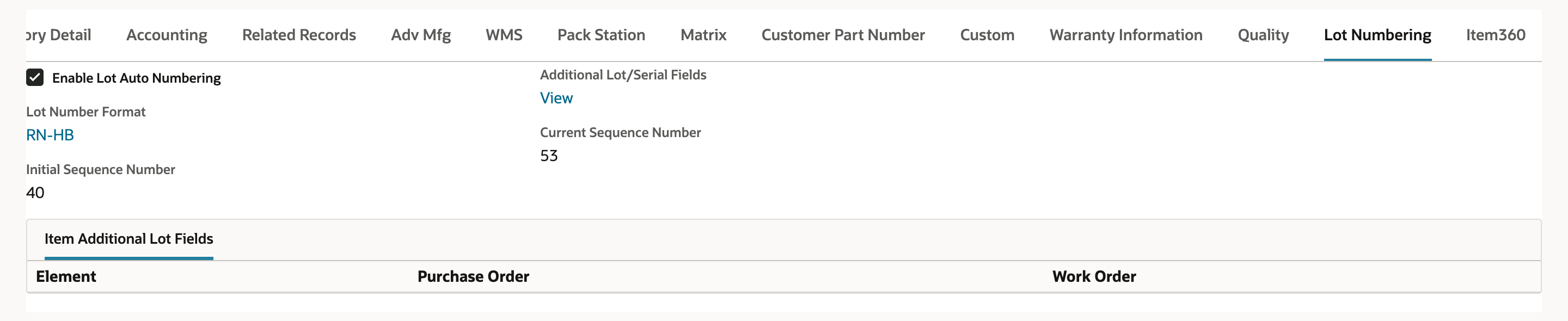 The Lot Numbering subtab of FH-220 Herbal Rinse now shows Current Sequence Number 53.
