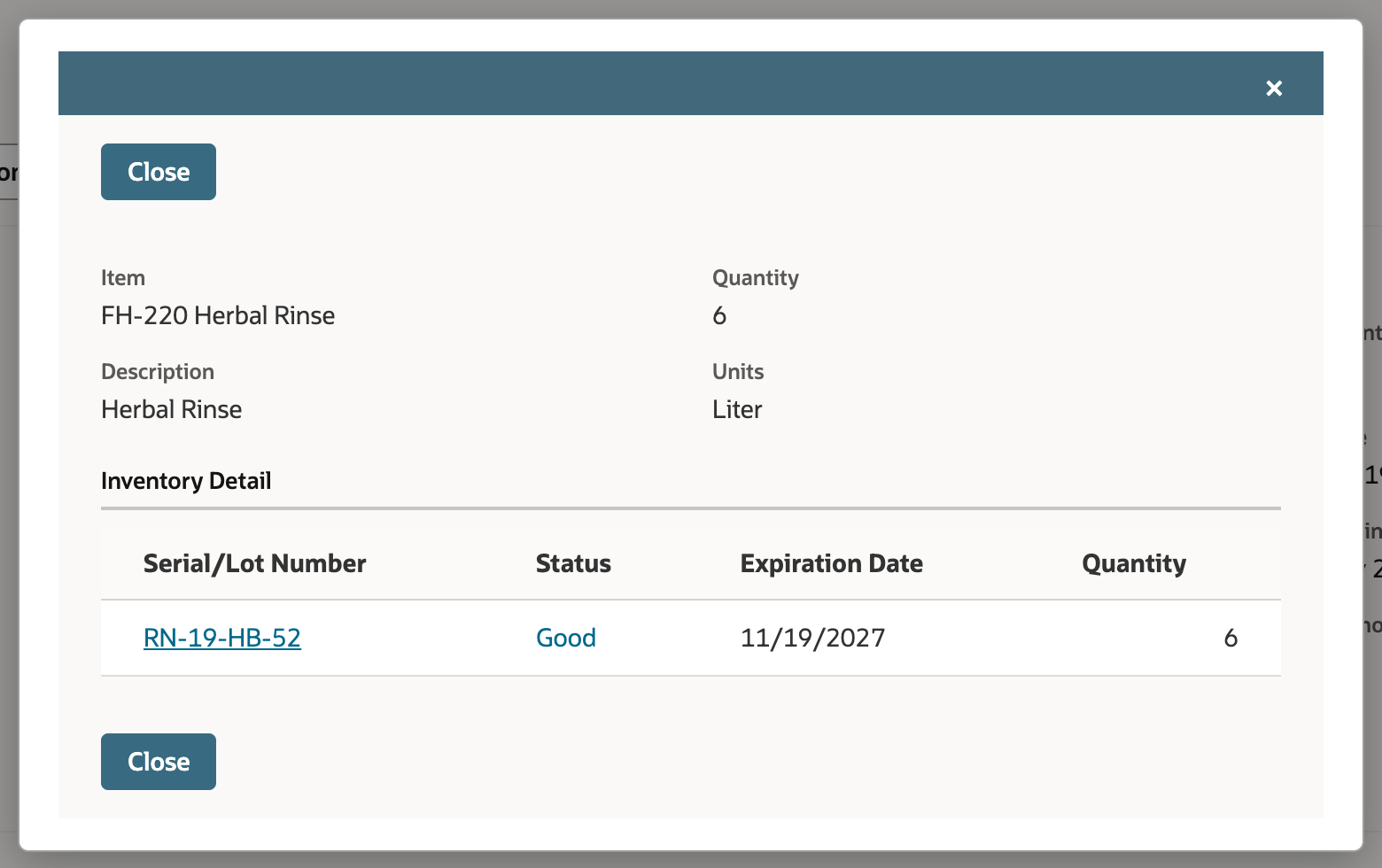 The saved build's Inventory Detail lists lot RN-19-HB-52 with status Good, expiration date 11/19/2027 and quantity 6.