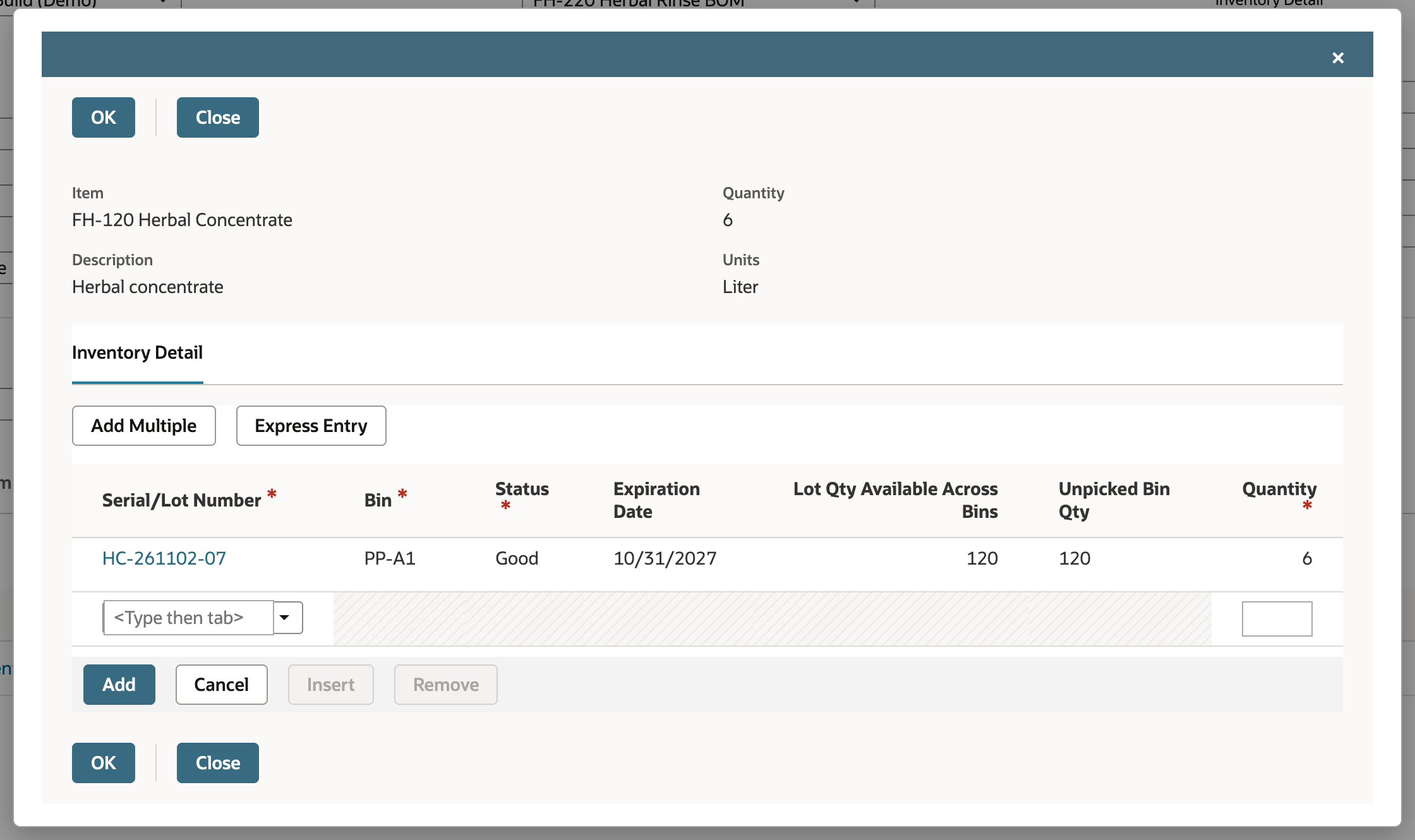 The Inventory Detail popup for FH-120 Herbal Concentrate lists lot HC-261102-07 in bin PP-A1 with status Good, expiration date 10/31/2027 and quantity 6.