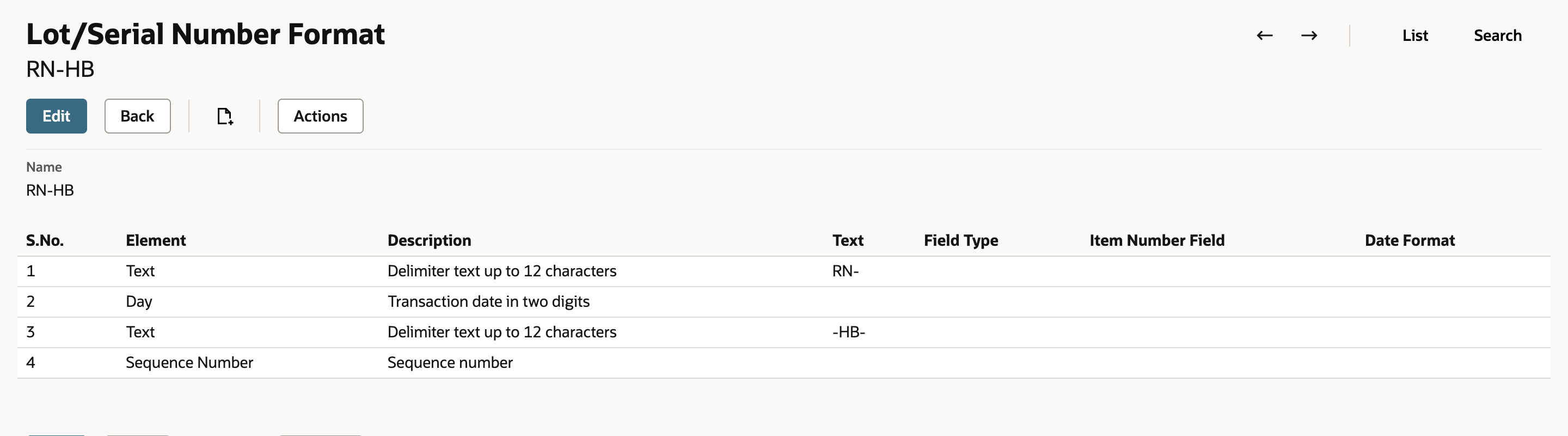 The Lot/Serial Number Format RN-HB lists four elements: Text RN-, Day, Text -HB- and Sequence Number.