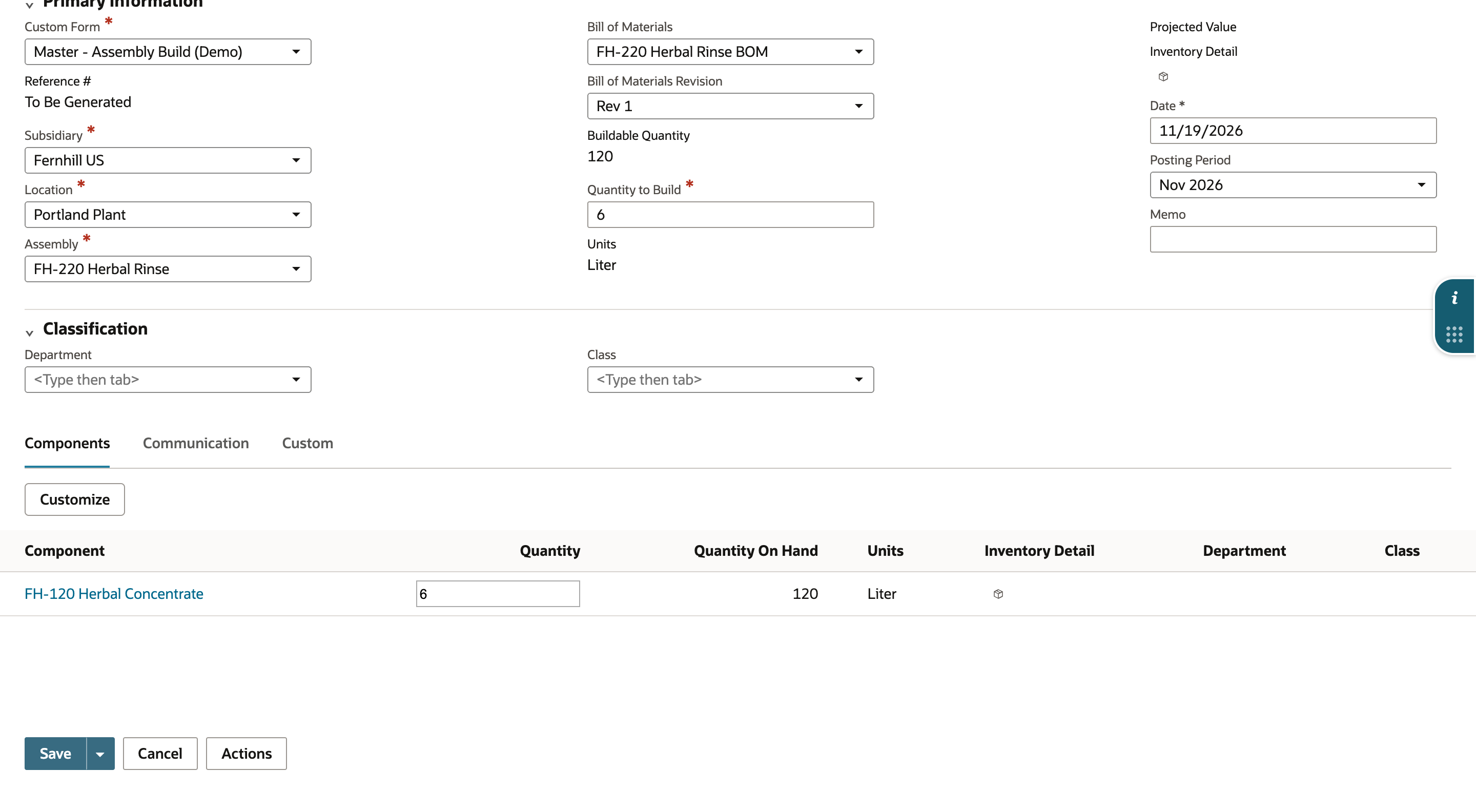 Quantity to Build is 6 and the Components subtab lists FH-120 Herbal Concentrate with a quantity of 6 and 120 liters on hand.