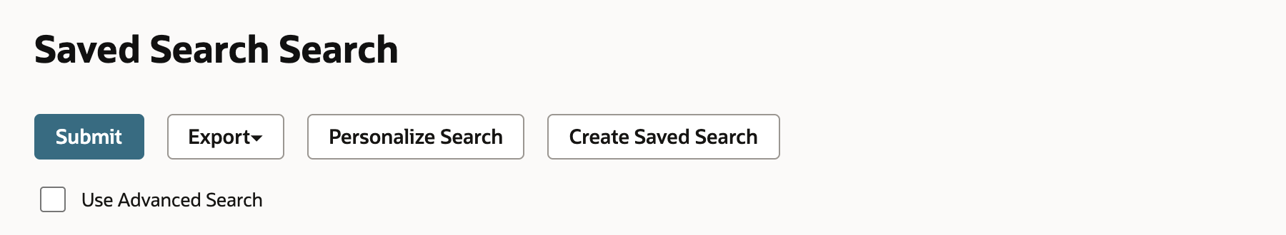 The top of the Saved Search Search page with Submit, Export, Personalize Search, and Create Saved Search buttons. An arrow points to Create Saved Search.