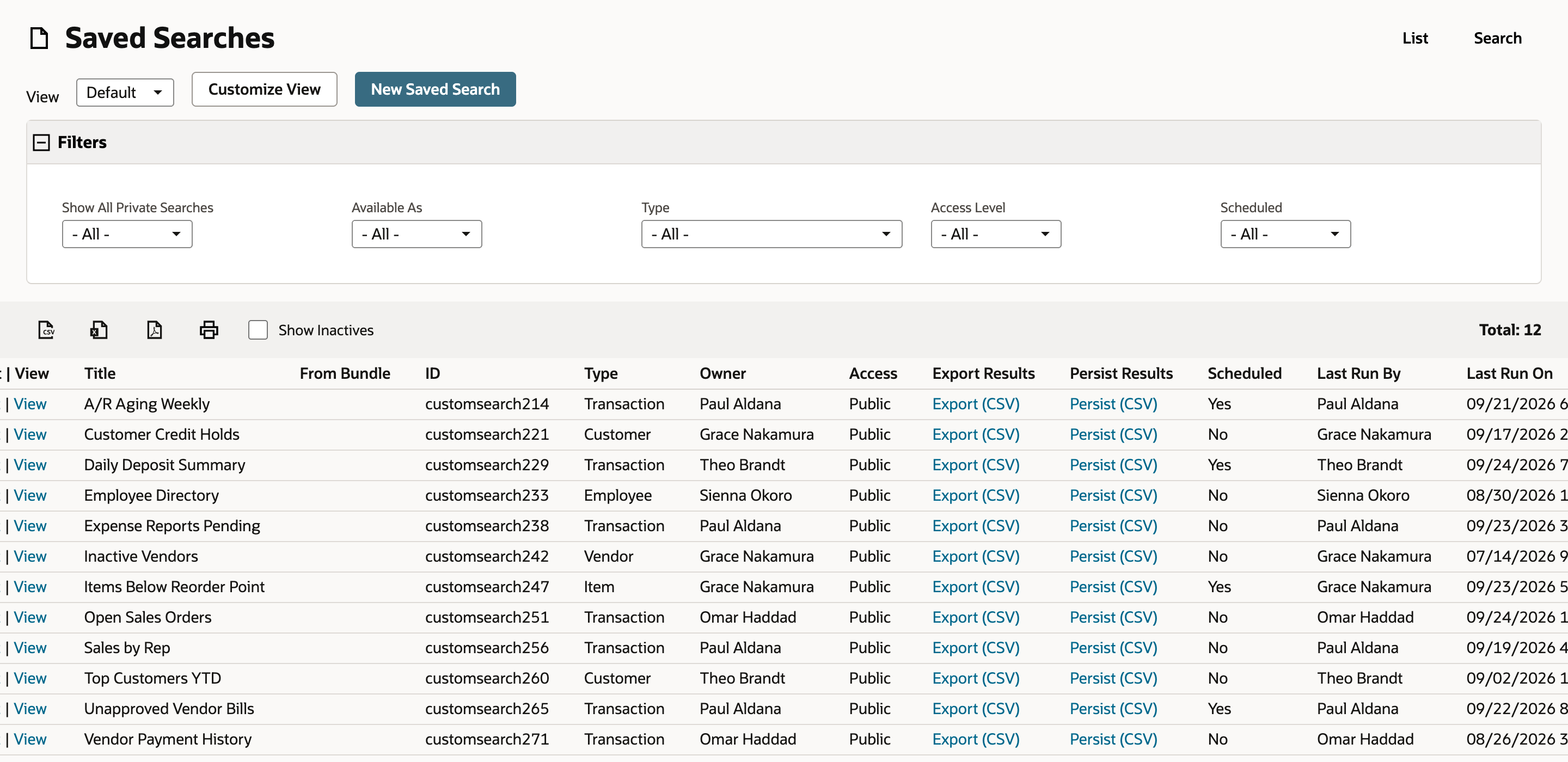 The Saved Searches list with Total: 12. An arrow points to the Scheduled column, which reads Yes for A/R Aging Weekly, Daily Deposit Summary, Items Below Reorder Point, and Unapproved Vendor Bills and No for the other eight rows.