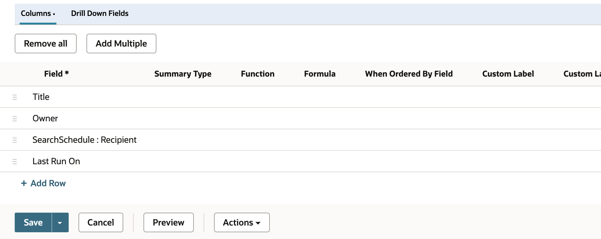 The Columns list on the Results subtab with four rows: Title, Owner, SearchSchedule : Recipient, and Last Run On. An arrow points to SearchSchedule : Recipient.