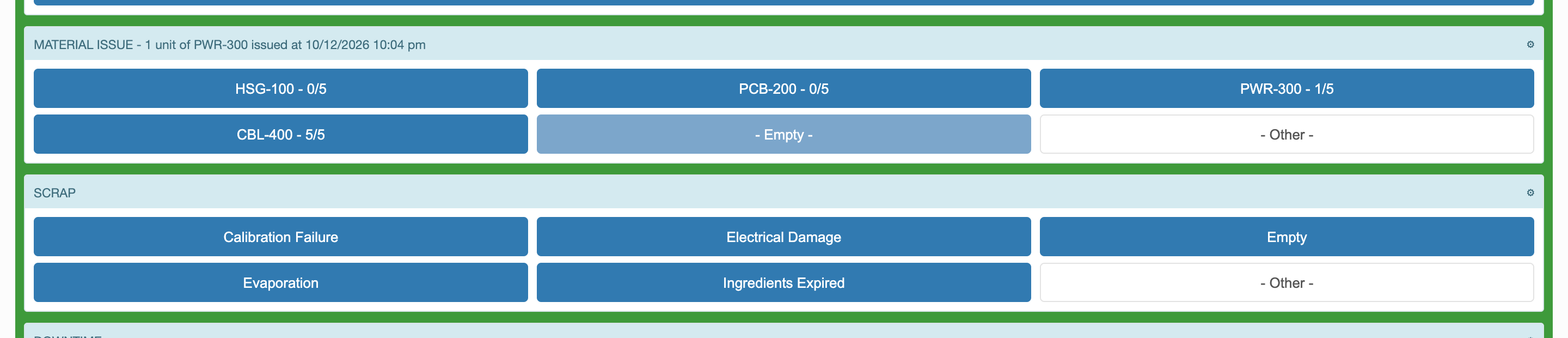 The Material Issue band reads 1 unit of PWR-300 issued, and the PWR-300 button shows 1/5.