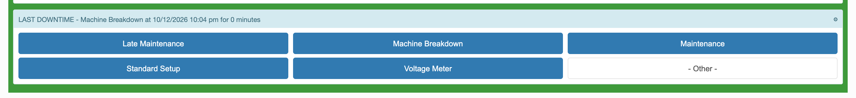 The Downtime band reads Last Downtime, Machine Breakdown at 7:29 pm for 0 minutes.