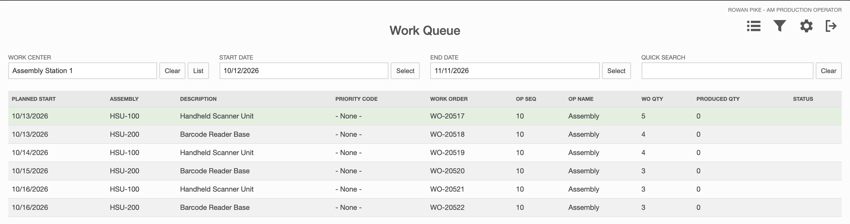 The Work Queue for Assembly Station 1 lists six operations. The first is WO-20517, operation 10 Assembly, with a work order quantity of 5 and a produced quantity of 0.