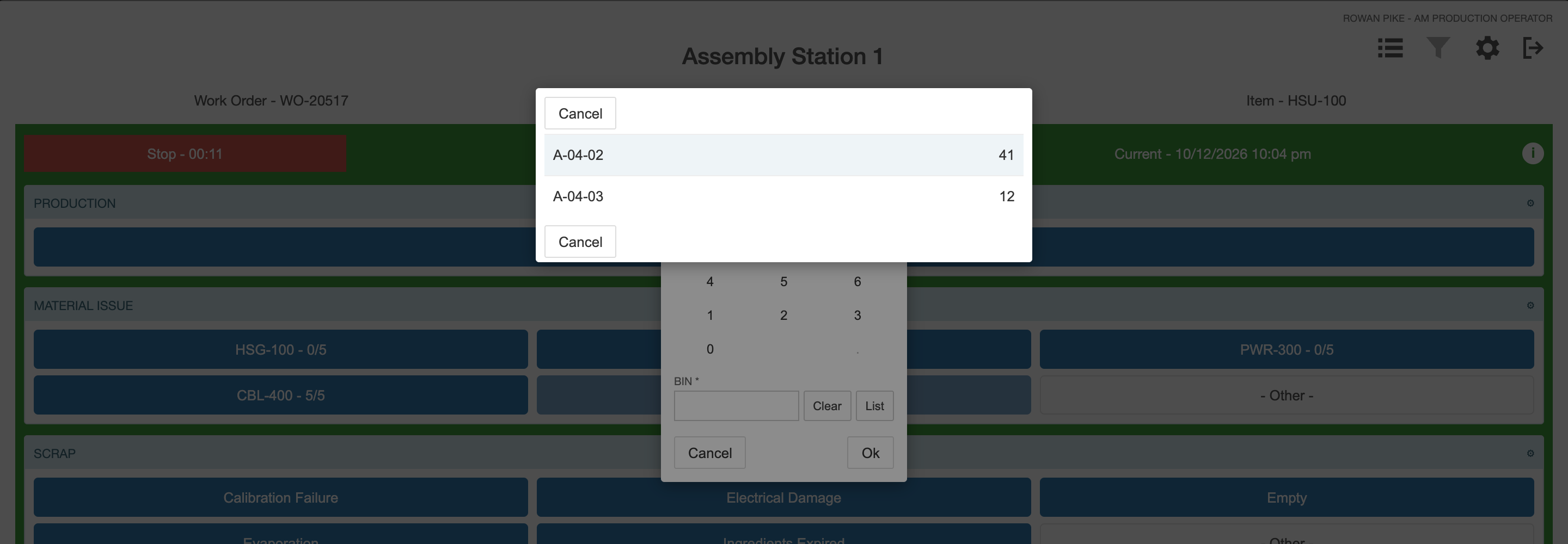 The bin list for PWR-300 shows A-04-02 with 41 on hand and A-04-03 with 12, above the quantity keypad.