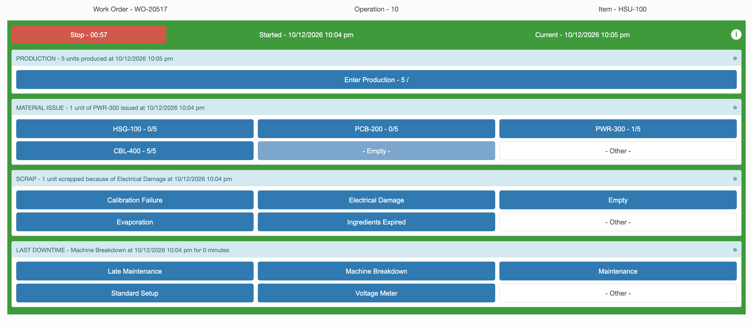 The operation screen shows five units produced, one unit of PWR-300 issued, one unit scrapped because of Electrical Damage and a Last Downtime line for Machine Breakdown.