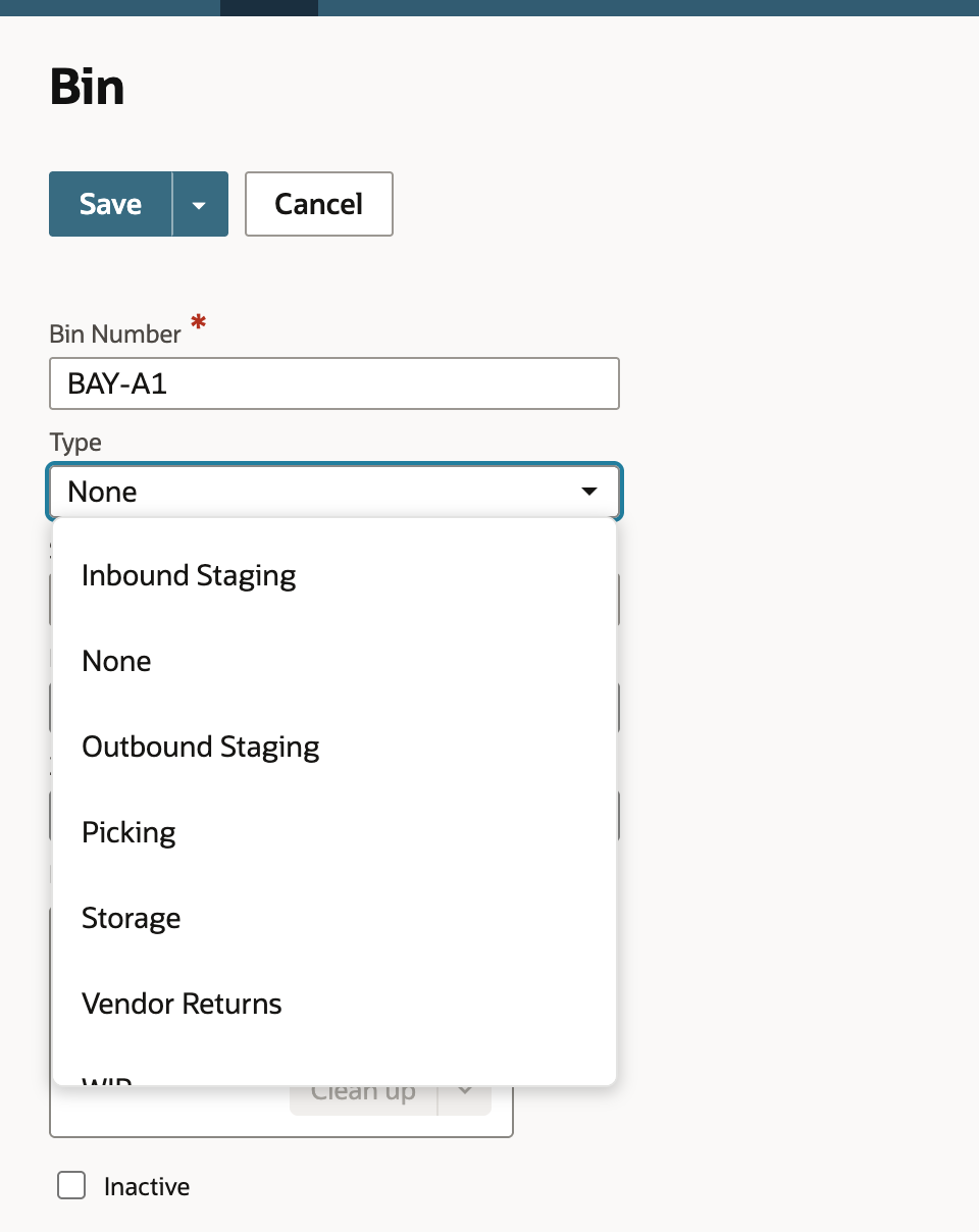 The Type list open on the Bin form with Inbound Staging, None, Outbound Staging, Picking and Storage showing.