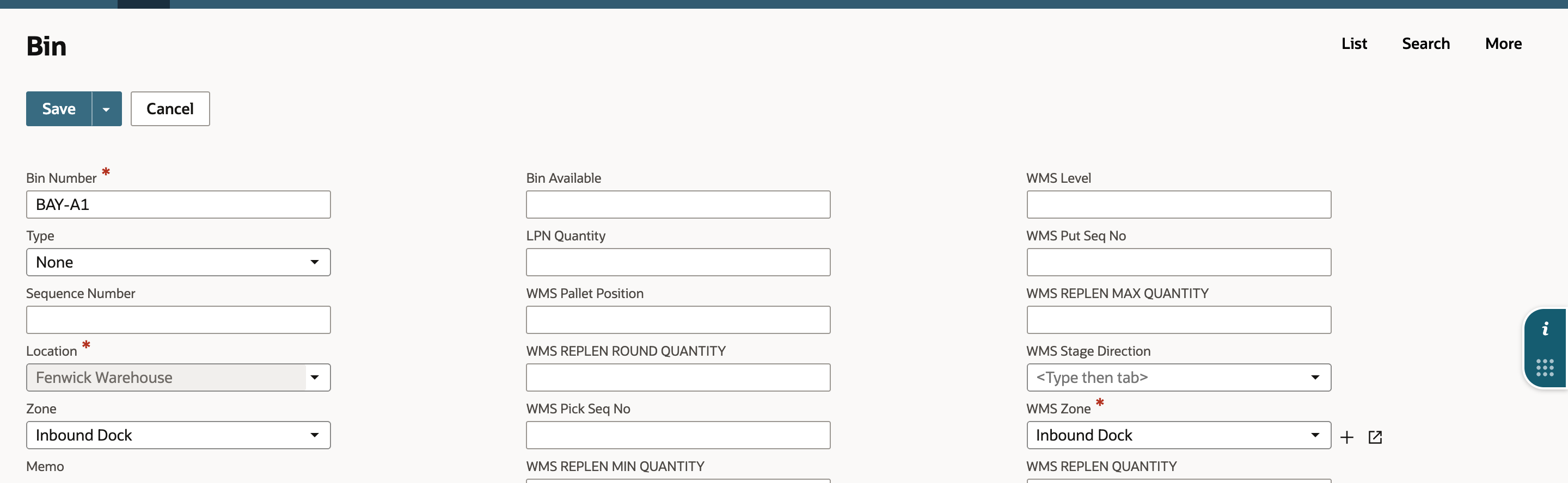 The Bin form for BAY-A1 with Type None, Location Fenwick Warehouse greyed out, Zone Inbound Dock and WMS Zone Inbound Dock, and an arrow pointing at Type.