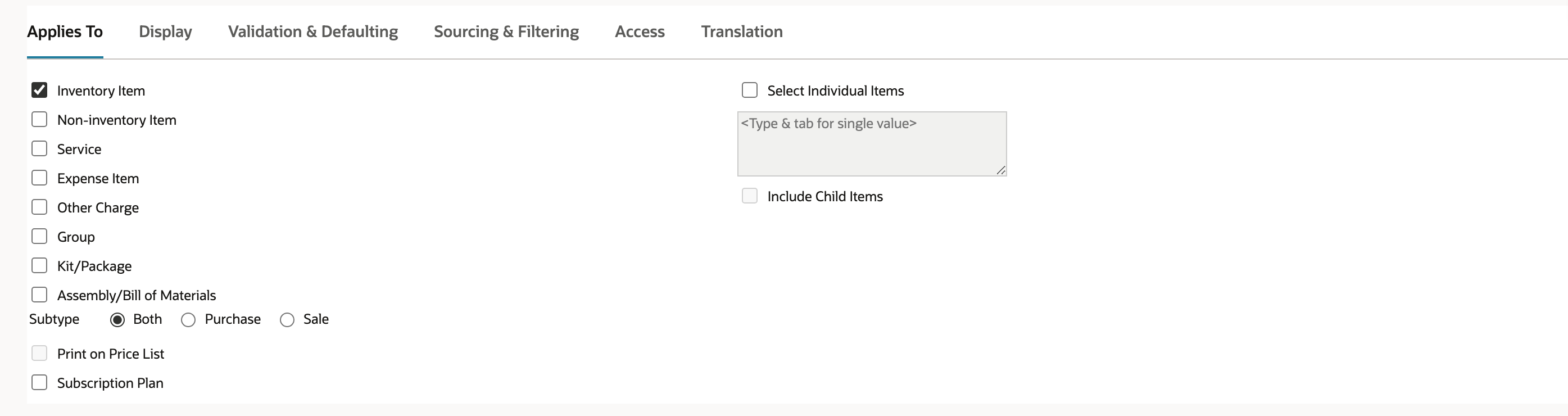 The Applies To subtab. Inventory Item is ticked, with an arrow pointing to it, and the other item types are clear. Subtype is Both.