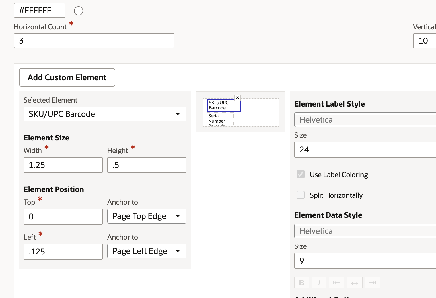 Element editor with the label canvas showing only the SKU/UPC Barcode and Serial Number Barcode elements, and an arrow at the canvas.