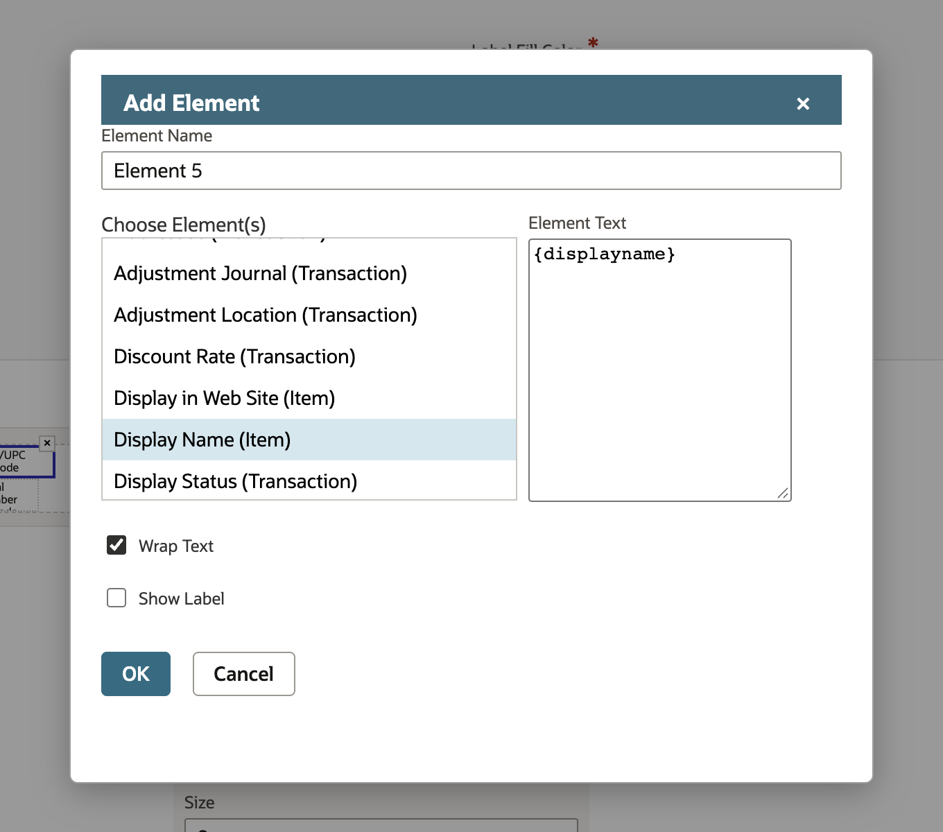 Add Element window with Display Name (Item) chosen, Element Text {displayname}, and Wrap Text checked.