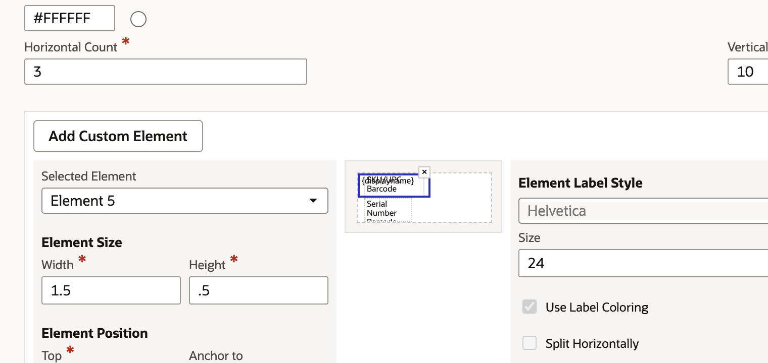 Element editor with Element 5 selected and the canvas showing the new element in the top left corner, with an arrow at it.