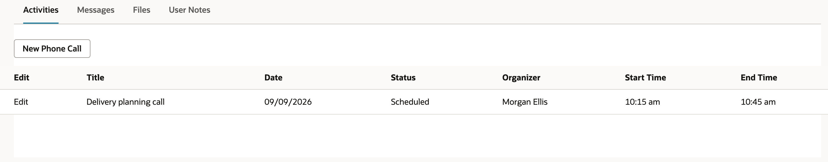 The customer’s list shows the saved Scheduled phone call.