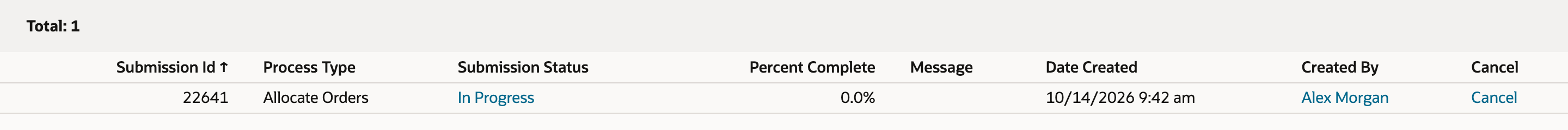 Process Status with one row: Submission Id 22641, Process Type Allocate Orders, Submission Status In Progress, Percent Complete 0.0%.