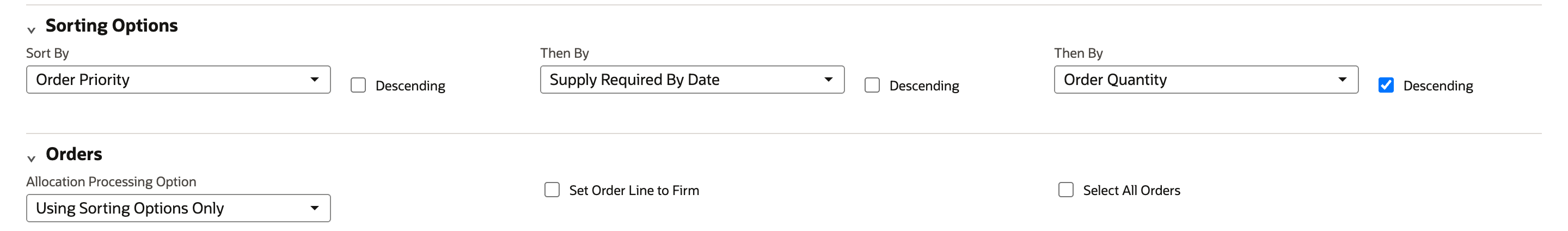 The Sorting Options and Orders sections of Allocate Orders: Sort By Order Priority, Then By Supply Required By Date, Then By Order Quantity with Descending checked, Allocation Processing Option Using Sorting Options Only, and Set Order Line to Firm unchecked.