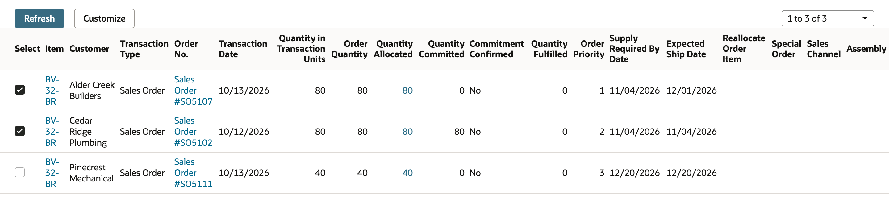The Allocate Orders grid with the Select boxes checked on SO5107 and SO5102 and unchecked on SO5111.