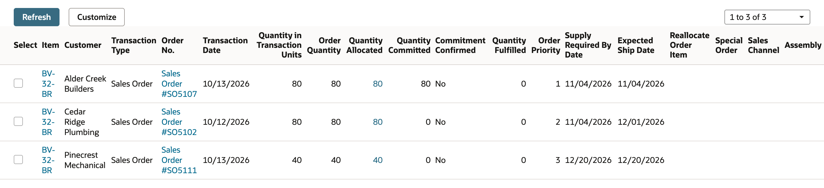 The Allocate Orders grid after the run: SO5107 with Quantity Committed 80 and Expected Ship Date 11/04/2026 marked by a red arrow, SO5102 with Quantity Committed 0 and Expected Ship Date 12/01/2026, and SO5111 unchanged.