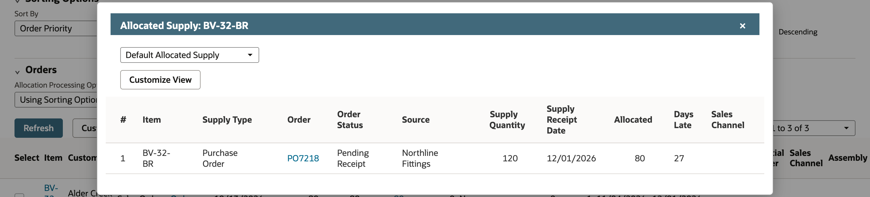 The Allocated Supply popup for BV-32-BR on SO5107 with one row: Purchase Order PO7218, Pending Receipt, Northline Fittings, Supply Quantity 120, Supply Receipt Date 12/01/2026, Allocated 80 and Days Late 27 marked by a red arrow.