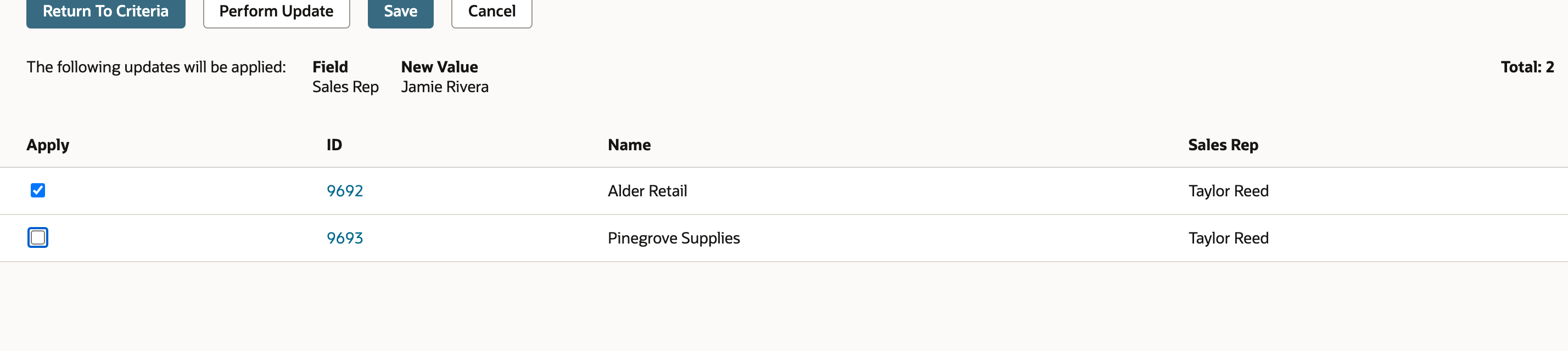 Pinegrove Supplies is excluded from this run while Alder Retail remains selected.
