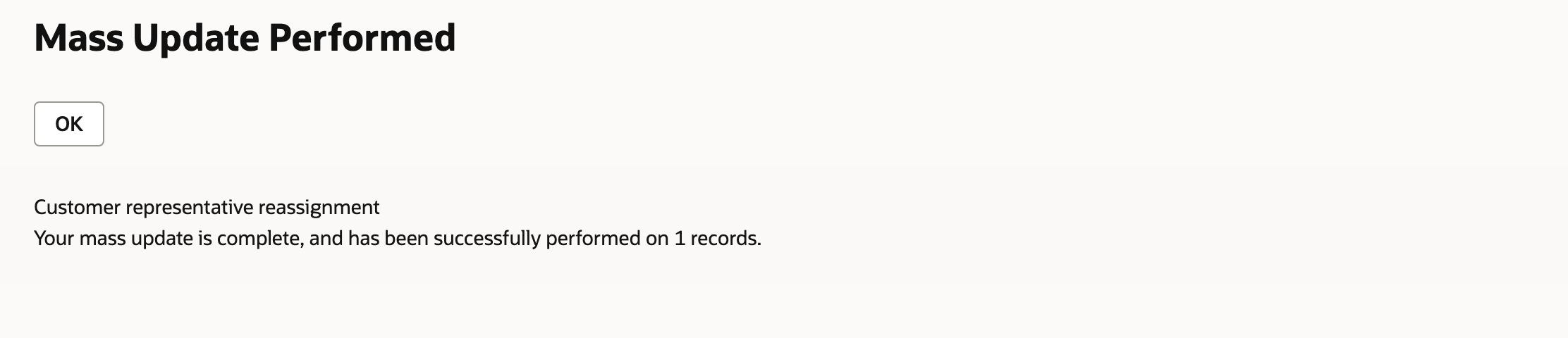 The mass update reports one updated record.