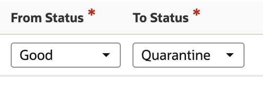 The Inventory Detail popup with LOT-2026-118 moving from RCV-02 to QA-01, From Status Good, To Status Quarantine and a quantity of 6.