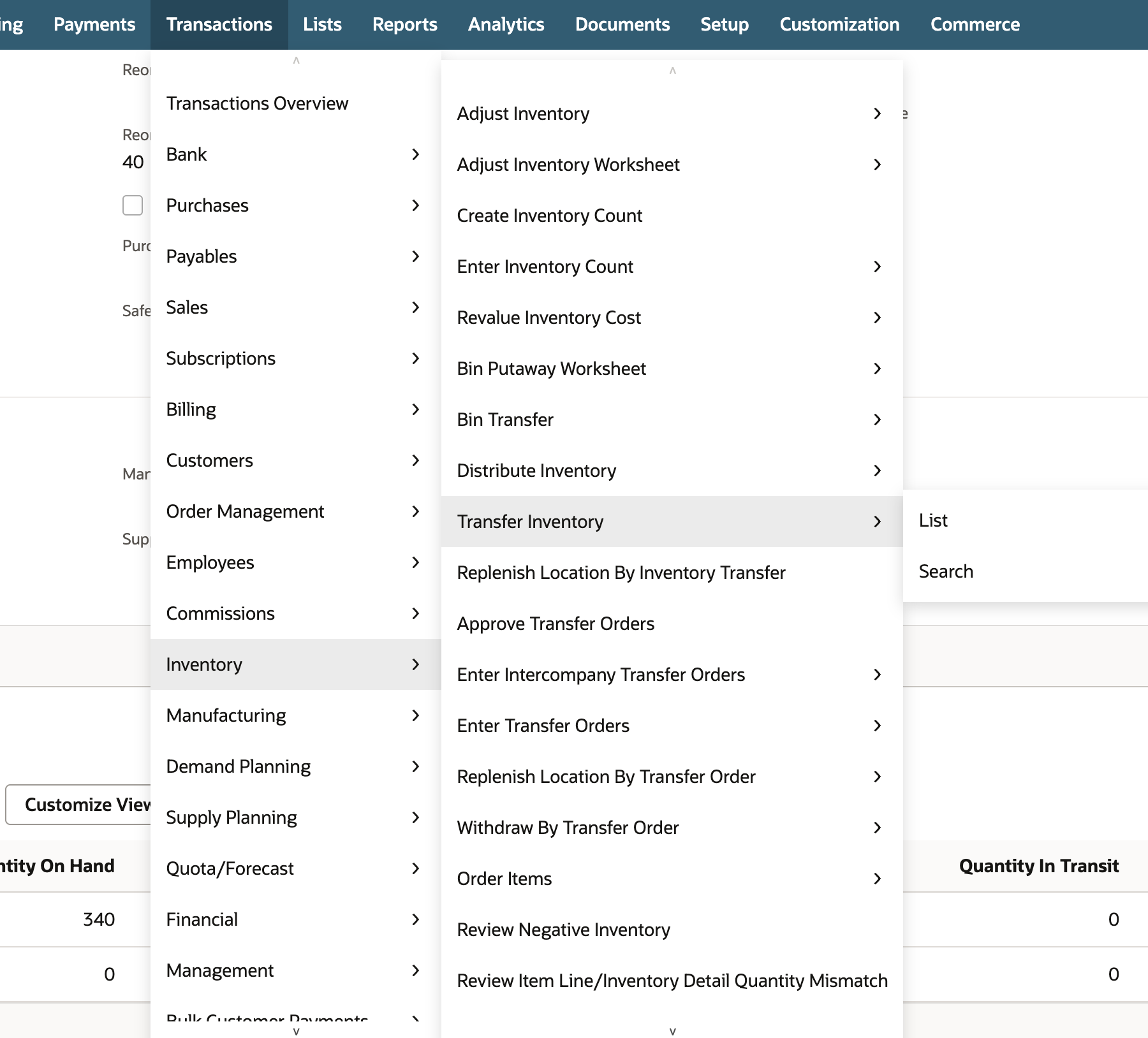 NetSuite Transactions menu open with Inventory and then Transfer Inventory highlighted, above Enter Transfer Orders