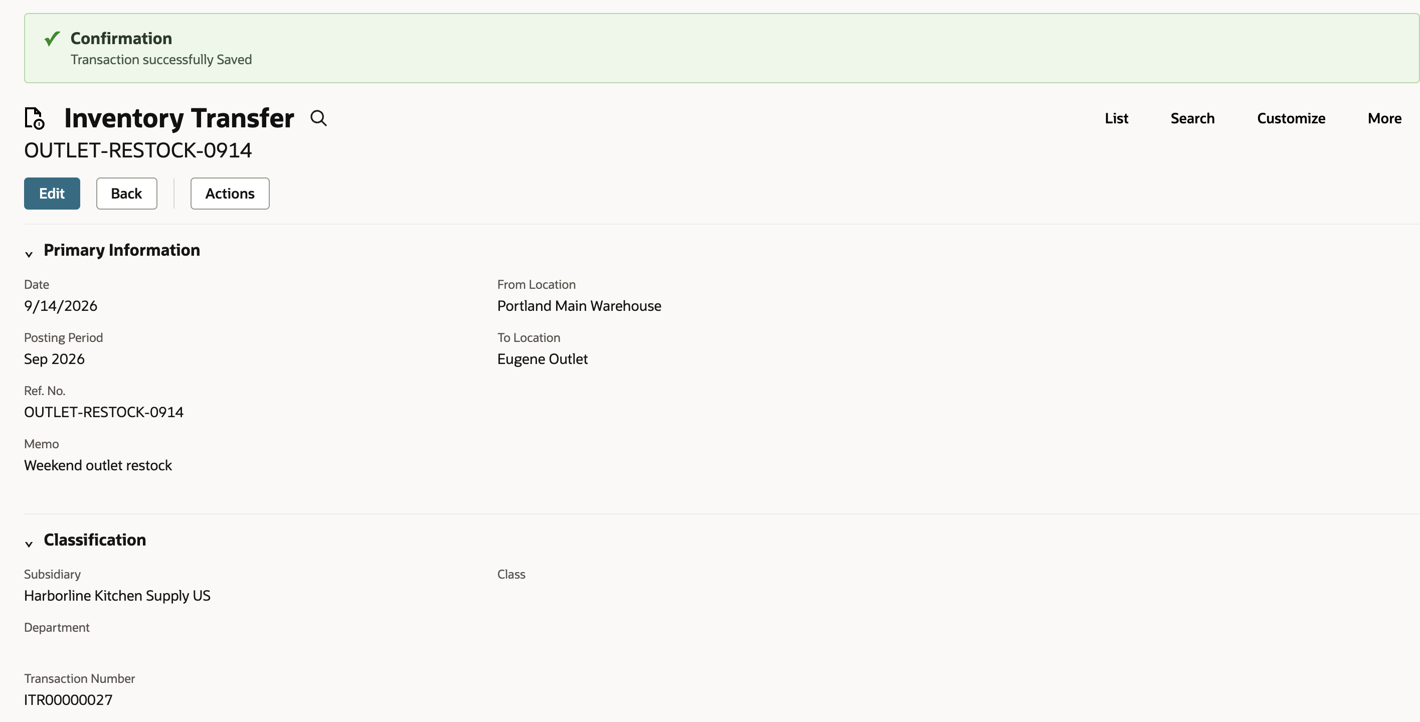 Saved Inventory Transfer OUTLET-RESTOCK-0914 with the Transaction successfully Saved confirmation, Date 9/14/2026, From Location Portland Main Warehouse, To Location Eugene Outlet, Subsidiary Harborline Kitchen Supply US and Transaction Number ITR00000027