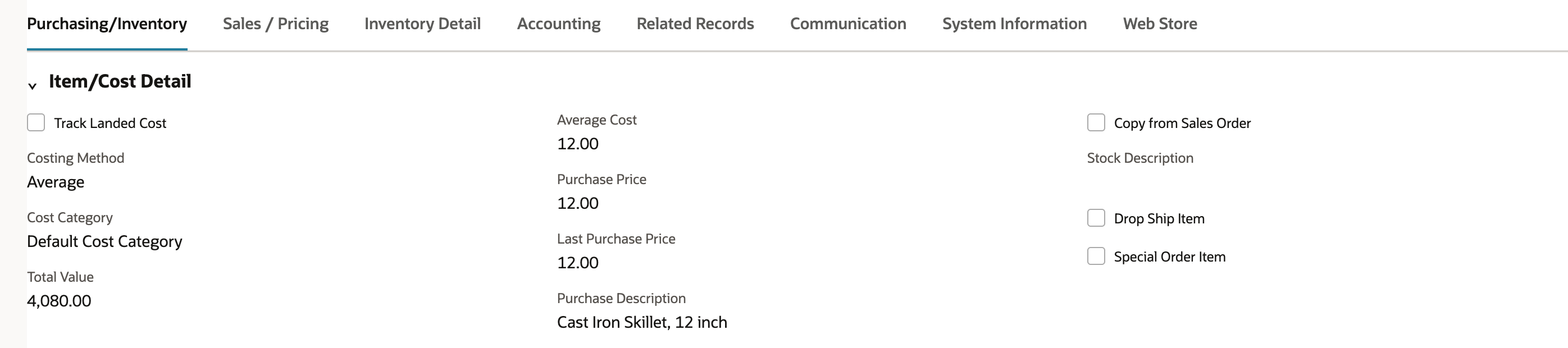 CK-210 Item/Cost Detail with Costing Method Average, Average Cost 12.00 and Total Value 4,080.00