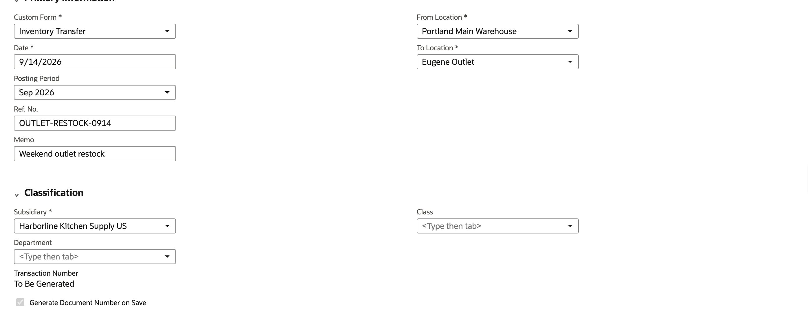 Inventory Transfer header with Date 9/14/2026, Posting Period Sep 2026, Ref. No. OUTLET-RESTOCK-0914, Memo Weekend outlet restock, From Location Portland Main Warehouse, To Location Eugene Outlet and Subsidiary Harborline Kitchen Supply US