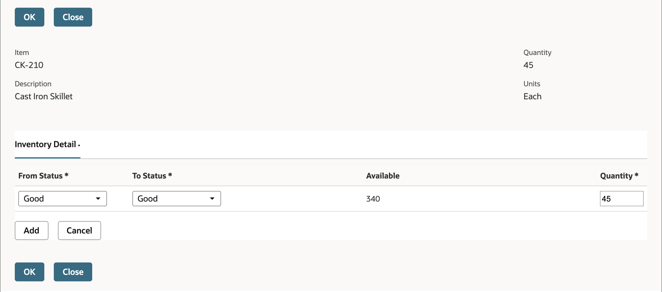 Inventory Detail window for CK-210 Quantity 45 with one row: From Status Good, To Status Good, Available 340, Quantity 45