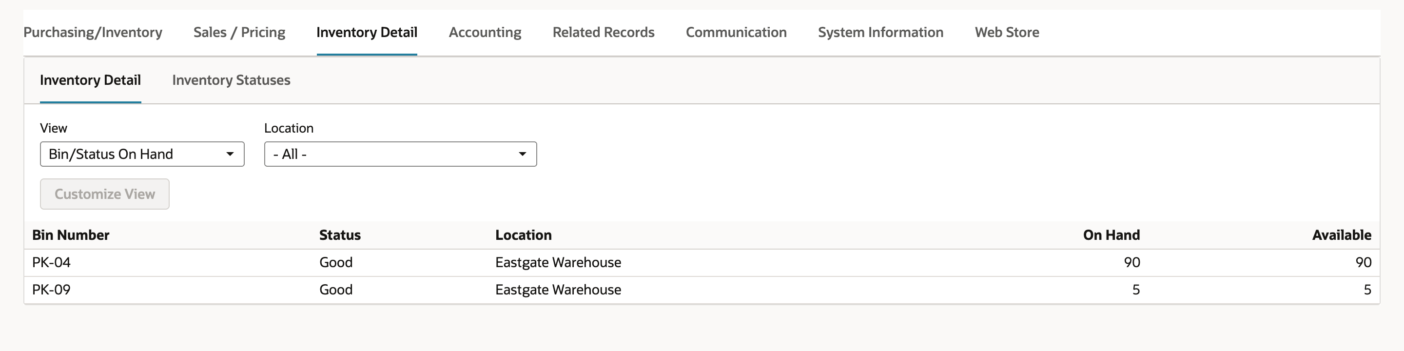 NetSuite item CTN-120 Inventory Detail subtab listing bin PK-04 with On Hand 90 and bin PK-09 with On Hand 5 at Eastgate Warehouse