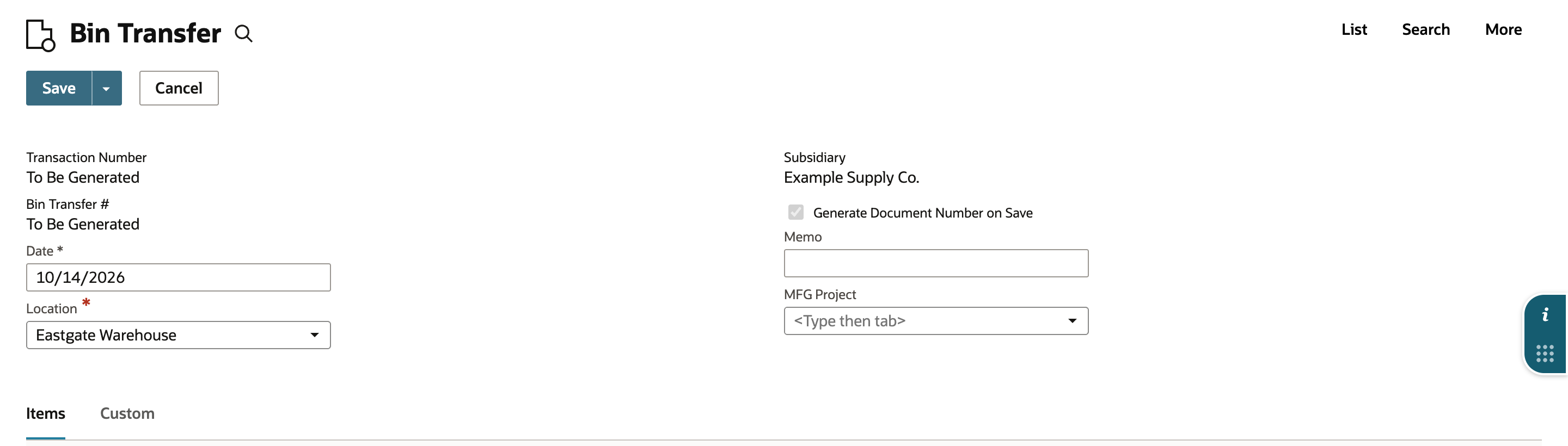 NetSuite new Bin Transfer with Date 10/14/2026, Location Eastgate Warehouse and the numbers still To Be Generated