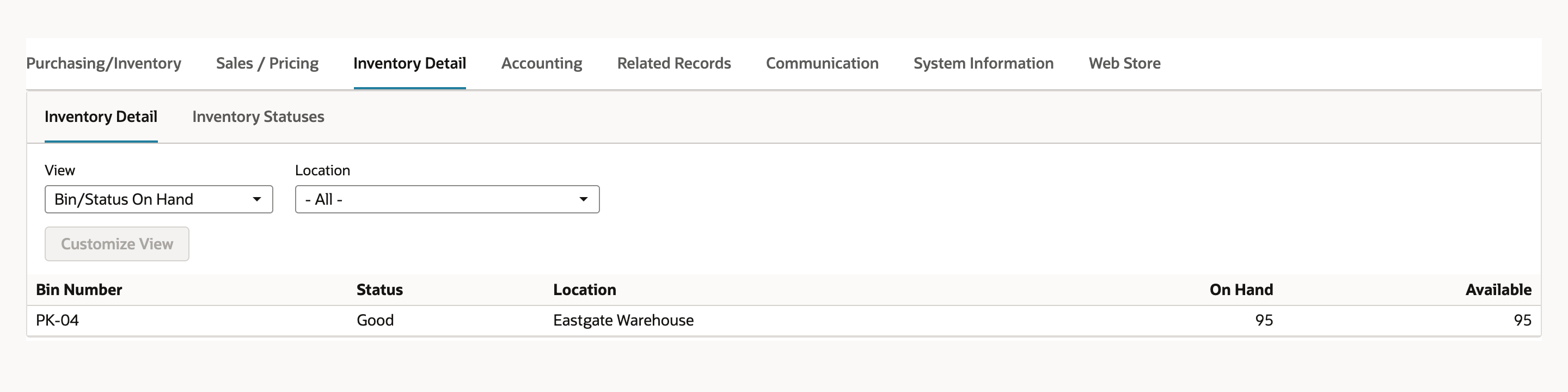 NetSuite item CTN-120 Inventory Detail subtab listing bin PK-04 with status Good, On Hand 95 and Available 95 at Eastgate Warehouse