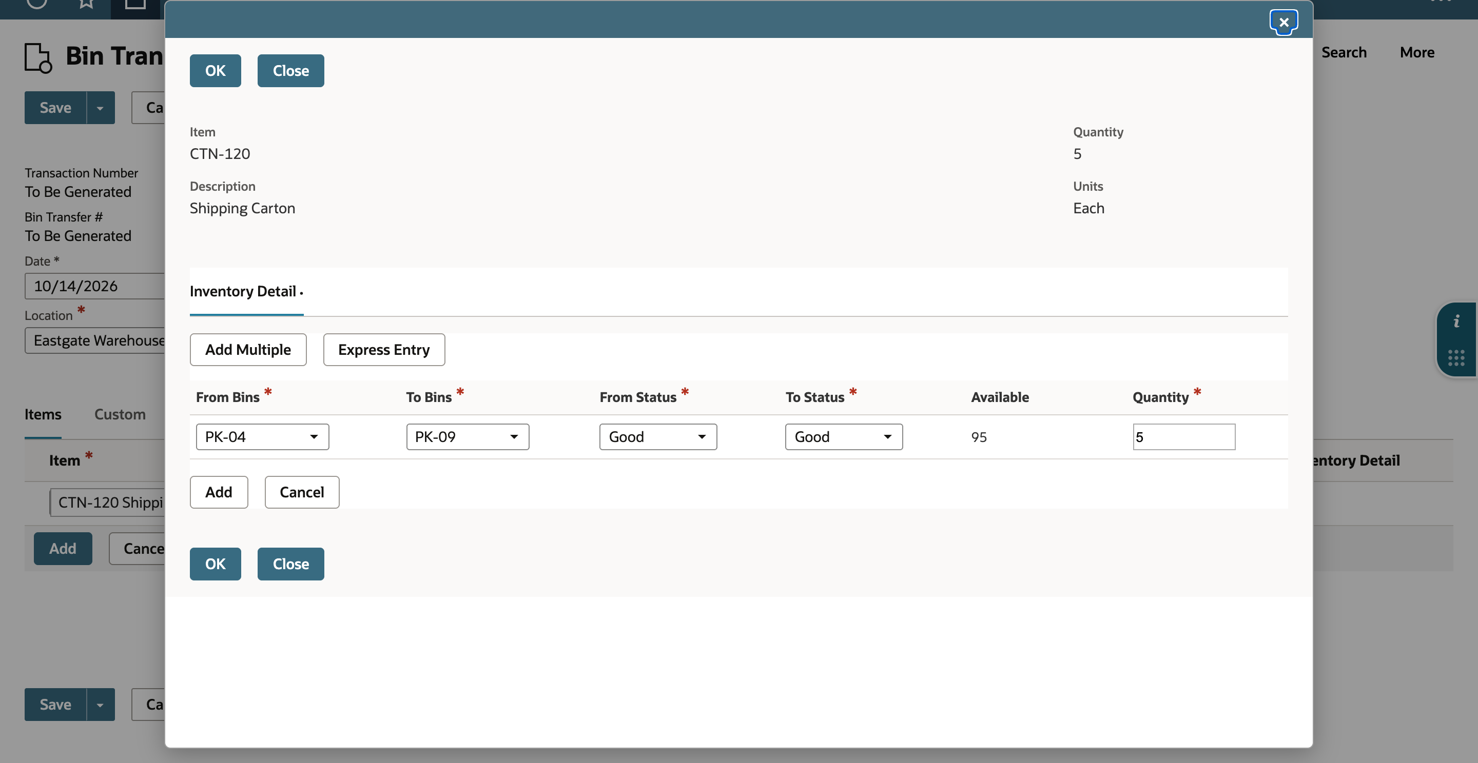 NetSuite Inventory Detail dialog with From Bins PK-04, To Bins PK-09, From Status Good, To Status Good, Available 95 and Quantity 5, and no lot column