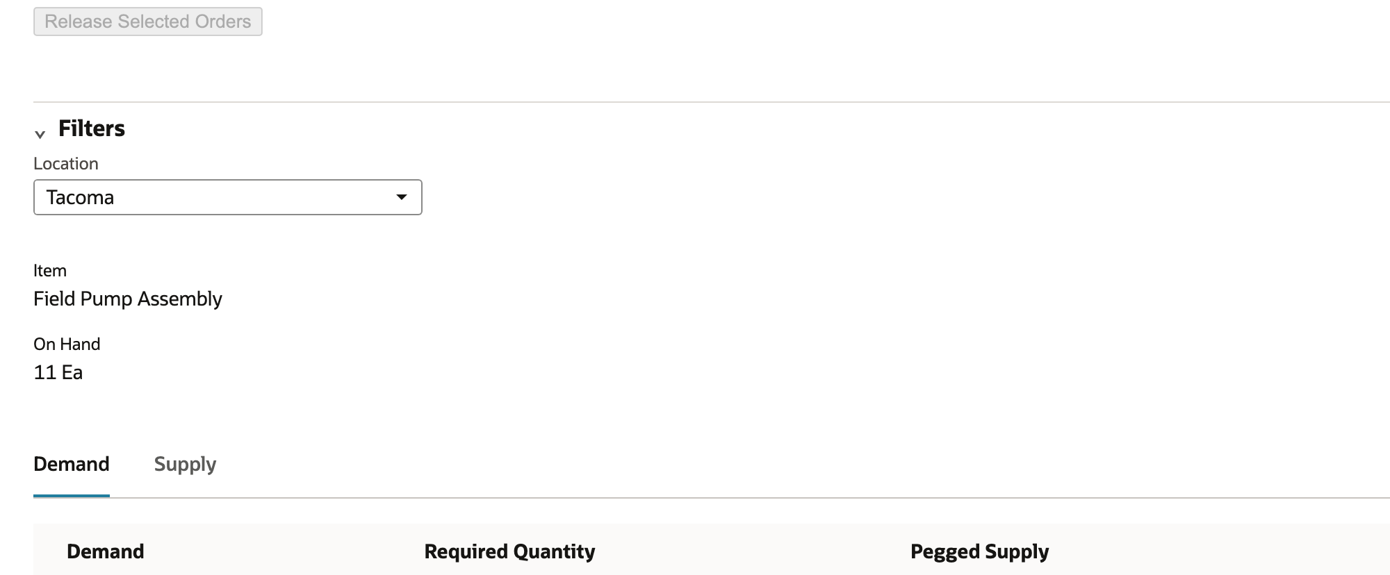Planning Workbench filtered to the item and location, with the on-hand quantity displayed.