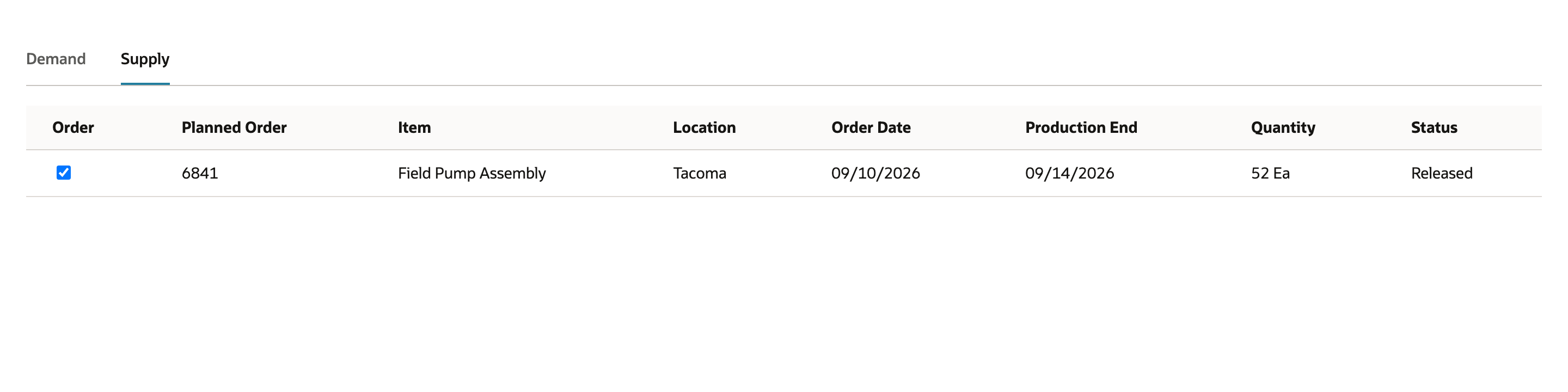 The planned order row shows its dates, quantity, and Released status after processing.