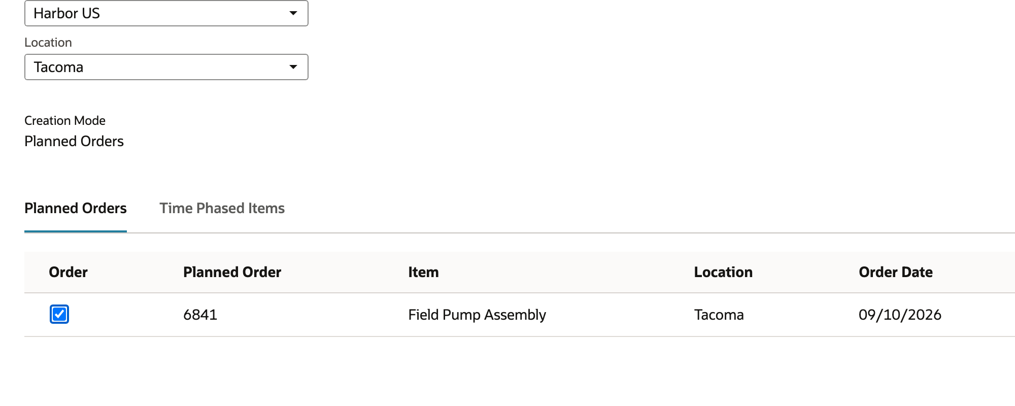 Mass Create Work Orders lists the released planned order for submission.