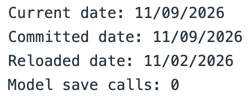 The local model commits November 9 in memory, but a fresh load still reads November 2.