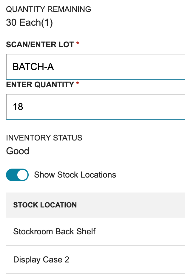 Enter Lot shows BATCH-A, quantity 18 and total remaining 30 before submission
