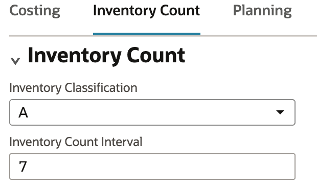 Inventory Count tab shows classification A and count interval 7