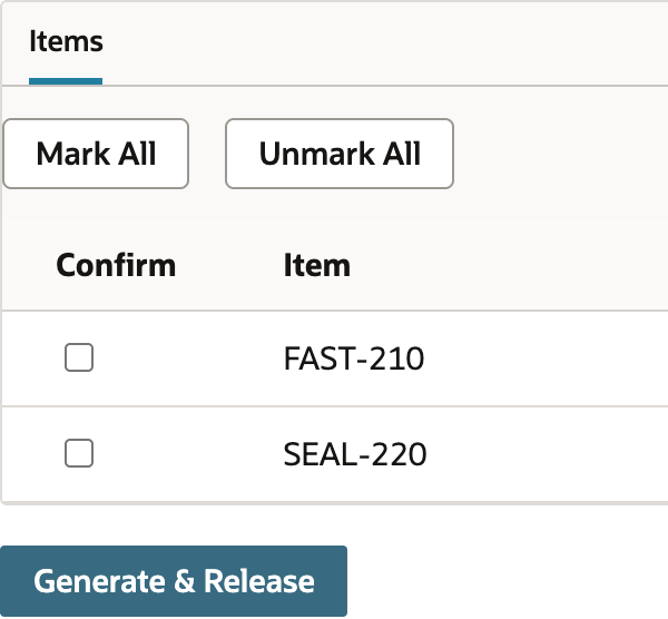 Cycle count preview lists FAST-210 and SEAL-220 with confirmation checkboxes