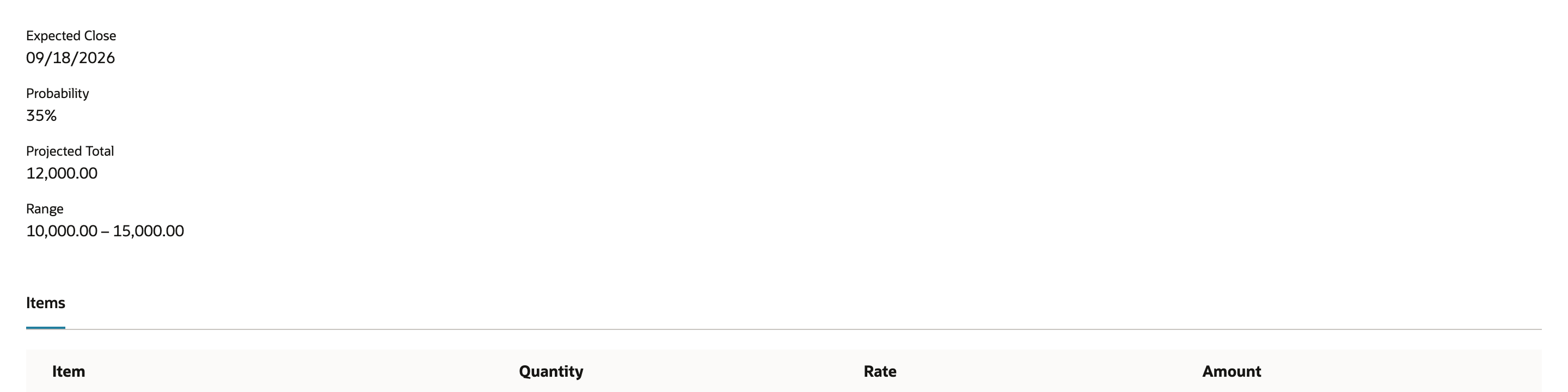 Saved opportunity showing the retained projected total, range, probability, expected close, and item total.